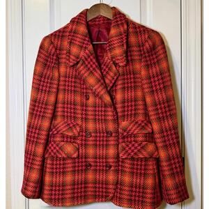 Vintage Irish Donegal Tweed Wool Jacket Women’s S-M Plaid Double Breasted Red
